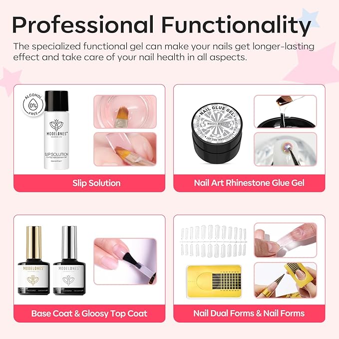 Modelones 133pcs Poly Nail Gel Kit, 32 Colors Spring Pink Pastel Poly Extension Gel kit with Nail Lamp Base Top Coat Slip Solution Builder Enhancement Manicure Tools for Starter Supplies