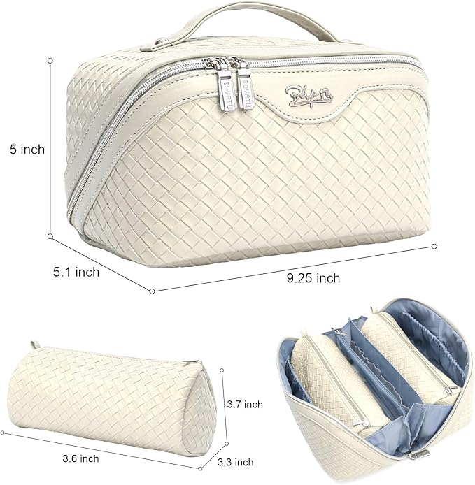 BOYATU Travel Makeup Bags for Women: Large Cosmetic Bag - Vegan Leather Make up Bags Set of 3 - Protable Toiletry Bag Compact Organizer with Compartments (L12 Beige)