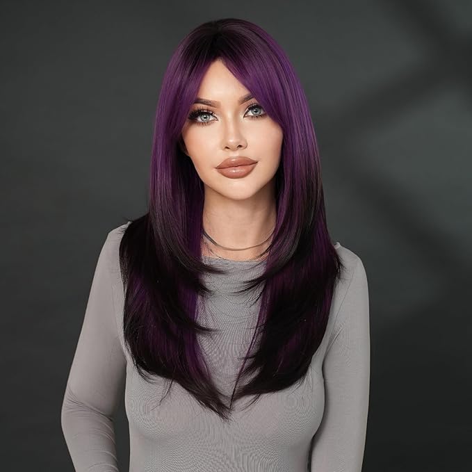 7JHH WIGS Long Dark Purple Ombre Wig with Bangs for Women Heat Resistant Fiber 25 Inch Layered Synthetic Hair Wigs with Dark Roots for Daily Use