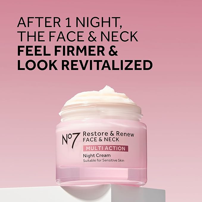 No7 Restore & Renew Multi Action Night Cream for Face & Neck - Nighttime Face Moisturizer with Collagen Peptides - Anti Aging Skin Care for Crepey Skin with Hyaluronic Acid & Ceramides (1.69 Oz)