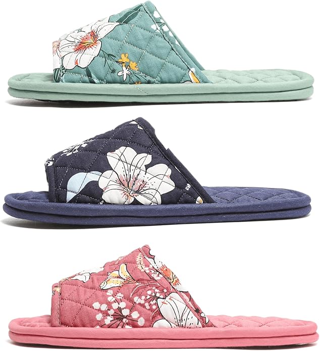 3 Pairs Floral Cotton House Slippers for Women, Open Toe Indoor Slippers Comfortable Washable Portable Foldable Guest Travel Hotel Airplane Spa Slippers