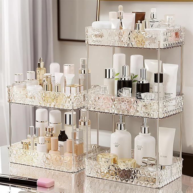 Makeup Organizer for Vanity,Bathroom Countertop Skincare Organizer,Makeup Counter Shelf Perfume Holder Rack,Cosmetic Display Case (Clear, 2 Tier)
