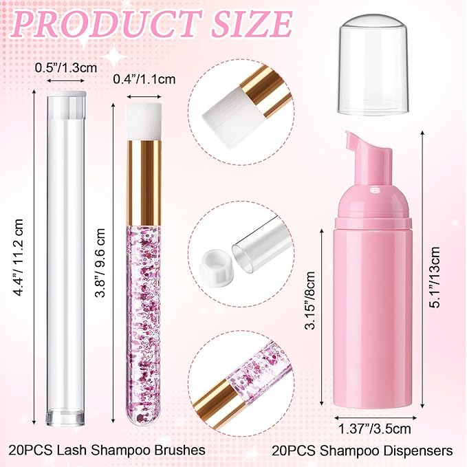 Zhehao 80 Pcs Lash Shampoo Bottle Brushes Kit 20 Foam Pump Dispensers 20 Lash Shampoo Brushes 20 Eyelash Aftercare Bag 20 Cleaning Pipes, Eyelash Extension Supplies(Pink)