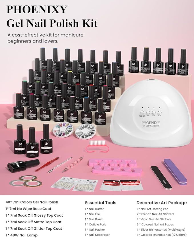 PHOENIXY 61 PCS Gel Nail Polish Kit with U V Light, 40 Colors Gel Nail Kit Manicure Starter Nail Polish Set Base Top Coat Gifts for Women SS9010