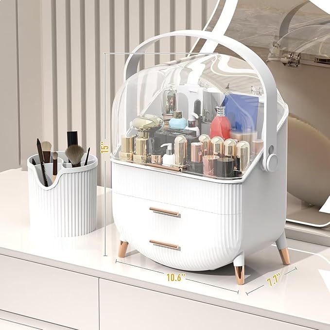 Makeup Organizer with Transparent Lid & 2 Drawers – Large Capacity Cosmetic Skincare Storage Box for Bathroom Vanity, Countertop, Bedroom – Portable and Dustproof, White (11"x7"x14")