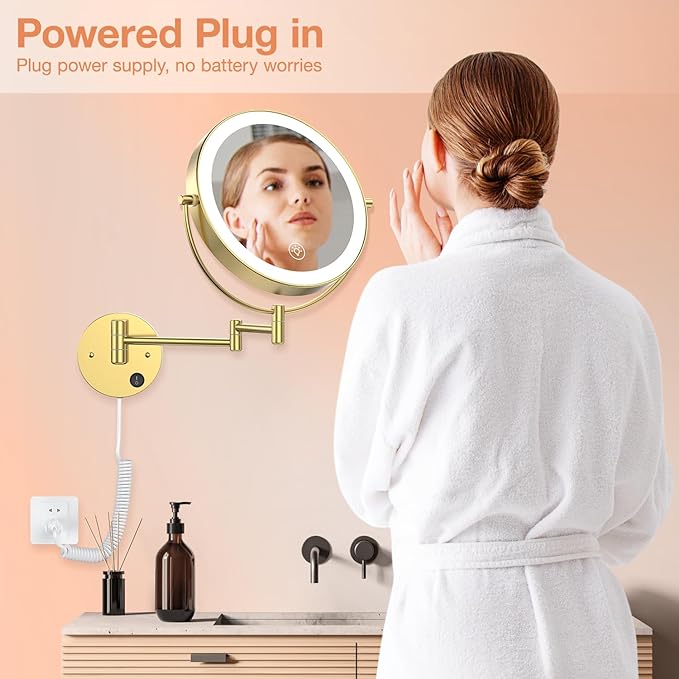 Benbilry 9" Large Size Wall Mounted Lighted Makeup Vanity Mirror, 1X/10X Magnifying Double-Sided AC Powered Bathroom Mirror with 3 Color Lights, Touch Dimmable, Extended Arm 360 Rotation, Gold