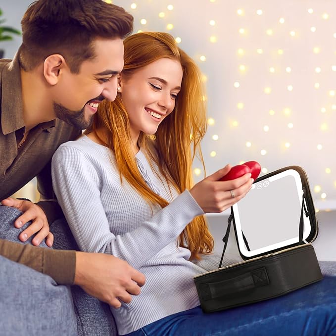 VANMRIOR Travel Makeup Bag with LED Lighted Make up Case with Mirror 3 Color Setting Cosmetic Makeup Box Organizer Vanity Case for Women Beauty Tools Accessories Case Rechargeable