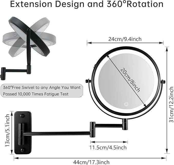 JANEEVA 8" Wall Mounted Lighted Makeup Mirror,Rechargeable Double Sided 1X/10X Magnifying Mirror with 3 Color Lights,Touch Dimmable Bathroom Vanity Mirror with 360°Swivel Extendable Arm Matte Black