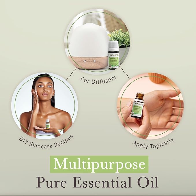 Pranarom USDA Certified Organic Australian Sandalwood Essential Oil (5ml), 100% Pure Natural Therapeutic Grade for Home Diffusing, Aromatherapy, Skincare, Candle Making, DIY Perfumes