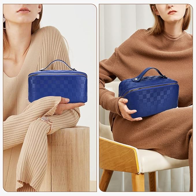 Cessfle Large Capacity Travel Cosmetic Bag Plaid Checkered Makeup Bag Portable Leather Waterproof Skincare Bag with Handle and Divider for Women 01-Blue