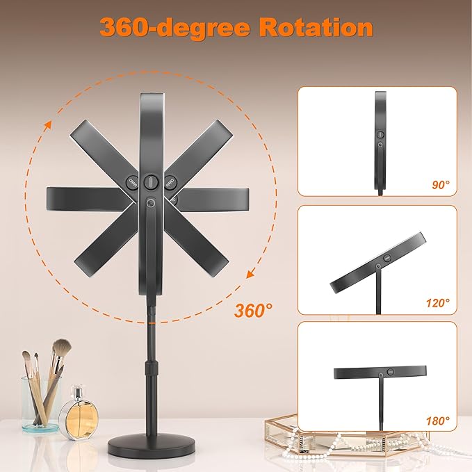 Hasipu 10-inch Lighted Makeup Mirror with Magnification, Rechargeable 3000 mAh Vanity Mirror with Lights, Desk Mirror with Dimmable Brightness, 3 Lighting Modes, Height Adjustment, Black