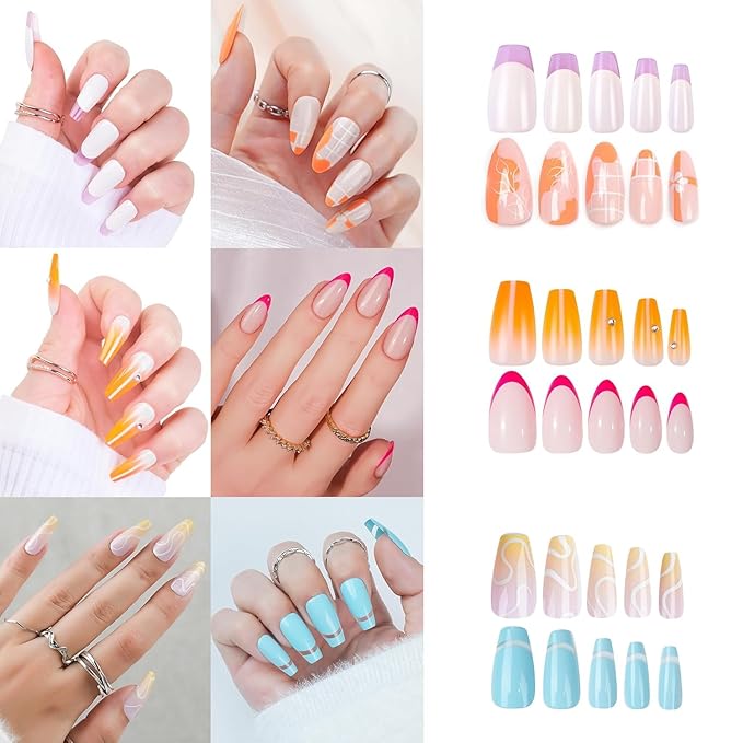 12 Packs(288 Pcs) Press on Nails, Acrylic Nails Glue On Medium Coffin False Nails,Short Square Fake Nails Fit Perfectly Almond Nails Press on wtih Nail Glue 12 Colors Stick on Nails Set