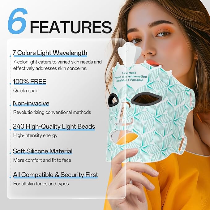 Red Light Mask for Face Women - 7 Colors Red Light Face Mask, Face Mask Skincare at Home, Cordless Device, Skin Treatment Mask Suitable for Women