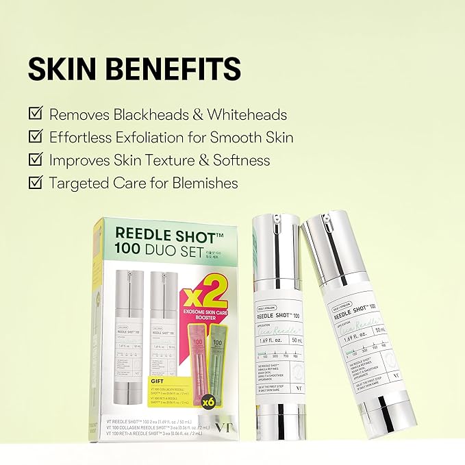 VT COSMETICS Reedle Shot 100 Duo Set with Collagen & Retinol Reedle Shot Pouch (Gift) – Exosome Microneedling Serum, Exfoliating, Soft & Glass Skin, Korean Skincare (1.69 fl. oz x2 / 0.06 fl. oz x6)