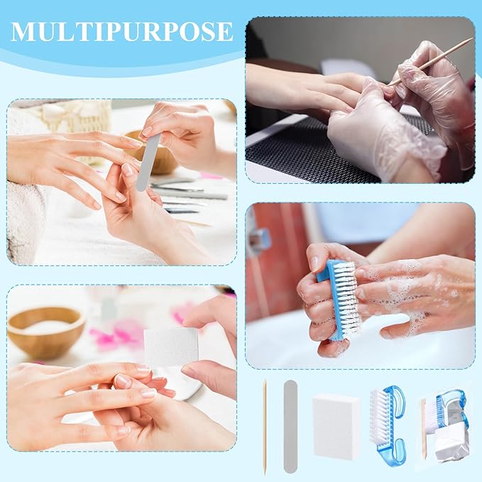 100 Sets Professional Disposable Manicure Kit Basics 4 Piece Nail Kit Wood Nail File 100/180 Grit, Mini Buffer 80/100 Grit, Wood Stick and Handle Grip Brush Gifts (Blue)