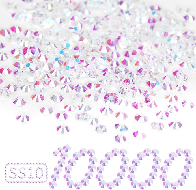 10000PCS Transparent AB Rhinestones Bulk, Flat Back Crystal Glass Stone Round Gems,SS10, 2.7-2.9mm
