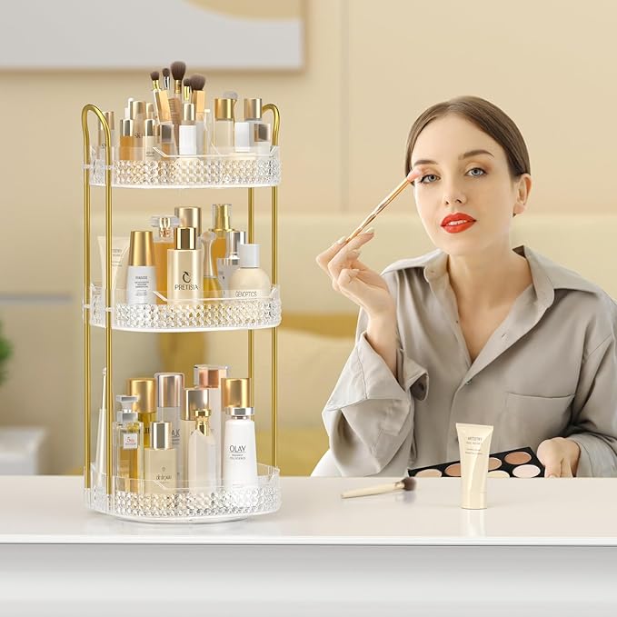 Rotating Makeup Organizer for Vanity 3 Tier, Perfume Organizer with Makeup Brush Holder, Large Capacity Cosmetics Clear Skincare Organizer for Countertop (Transparent)