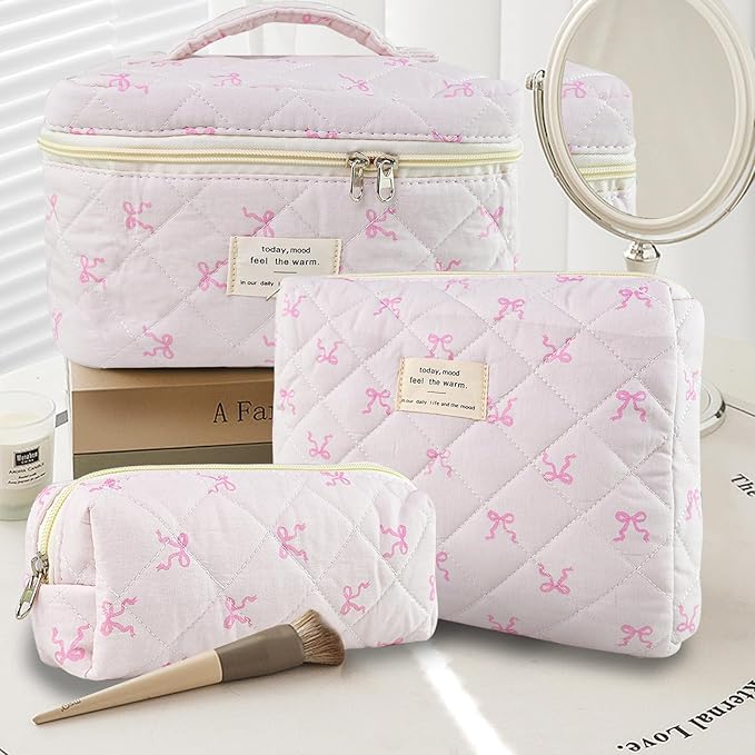 3Pcs Makeup Bag Cotton Quilted Travel Cosmetic Bag Cute Floral Makeup Pouch Large Toiletry Bag for Women Girls (Bow-Pink2)