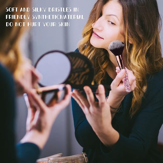 Makeup Brushes Bling Crystal Professional Face Cosmetics Blending Liquid Foundation Powder Concealer Eye Shadows Make Up Beauty Tool Glitter with Pouch Bag Kit Purely Handmade (12PCS) (Pink)