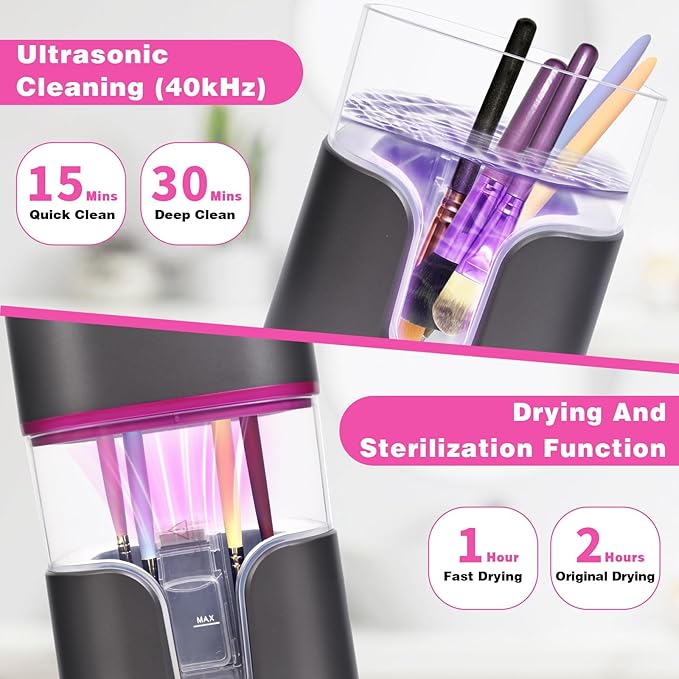 2 In 1 Electric Makeup Brush Cleaner Ultrasonic Cleaner Machine With 95โ Hot Air Cycle Dryer - Ultra Fast Effective Make Up Brush Washer (Black)