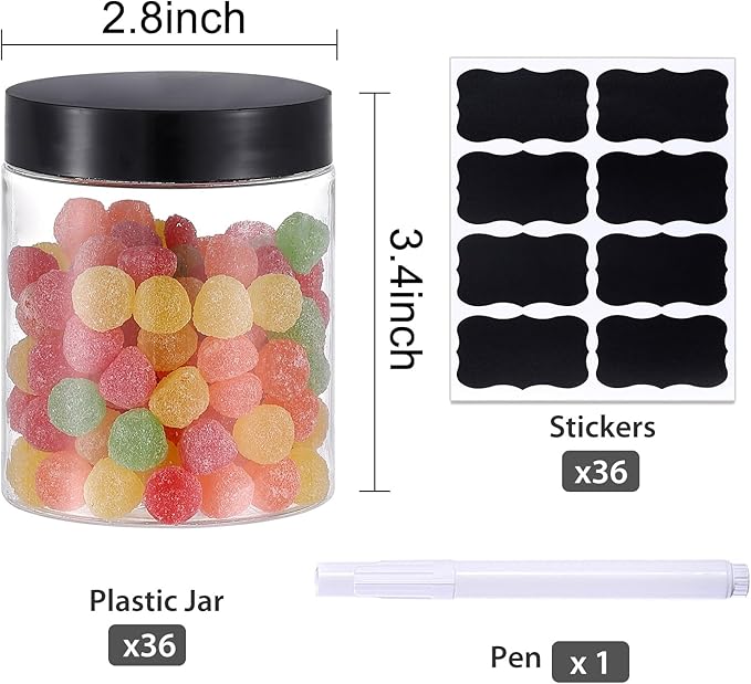 36PCS 8OZ Plastic Jars with Screw On Lids, Pen and Labels Refillable Empty Round Slime Cosmetics Containers for Storing Dry Food, Makeup, Slime, Honey Jam, Cream, Butter, Lotion (Black)