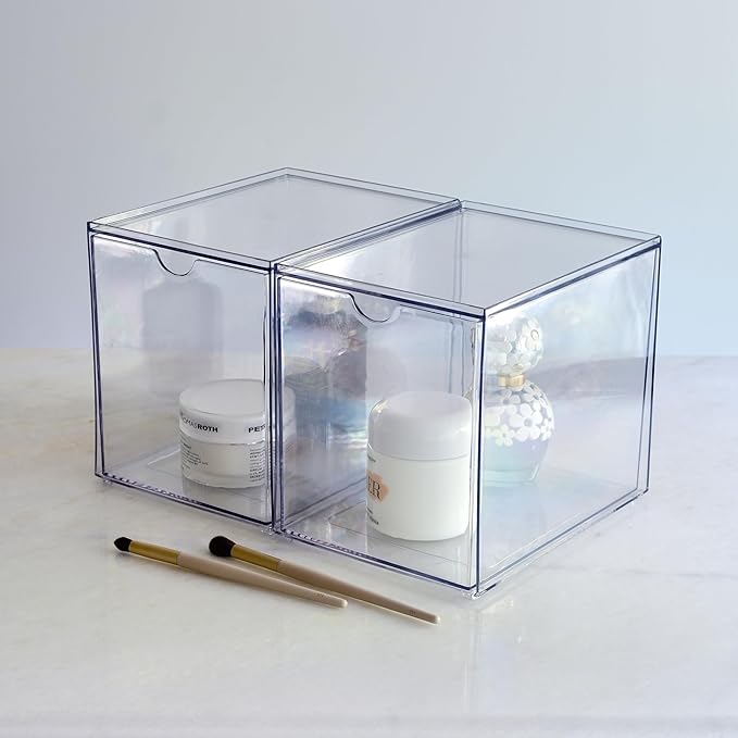 Youngever 2 Pack Large Stackable Organizer Drawers, Stackable Makeup Organizer, Stackable Makeup Storage, Clear Cosmetic Organizers, Makeup Organizer Drawers (6" x 8" x 7")