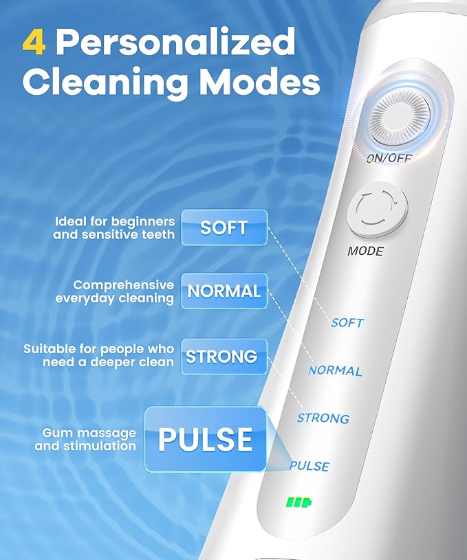 Water Flosser with U-Shape Tips & 4 Modes, 350ml Cordless Dental Irrigator, IPX8 Waterproof, 8 Replacement Tips for Teeth Braces Care (White)