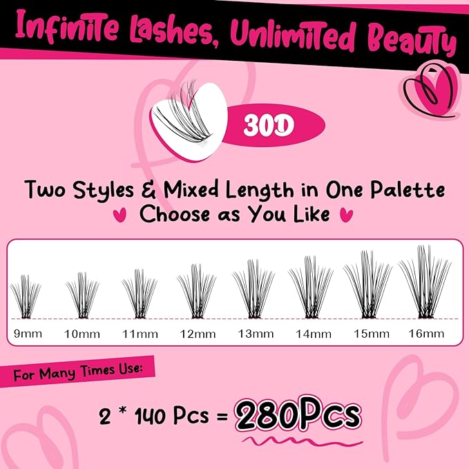 πππ DIY Lash Extension Kit 280pcs Lash Clusters D Curl Eyelash Extension Kit Individual Lashes with Lash Bond and Seal Lash Remover Lash Applicator Easy to Apply at Home(50D-9-16mix Kit)