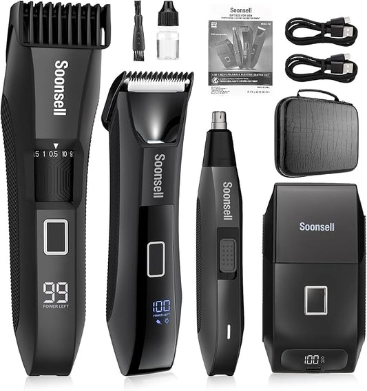 Soonsell Manscape Beard Trimmer for Men,Ball Shaver,Nose Hair Clippers,Electric Razor,Hair Clippers for Men,4 IN1 Men's Grooming Kit,LED Display,Waterproof,Wet/Dry Trimmer