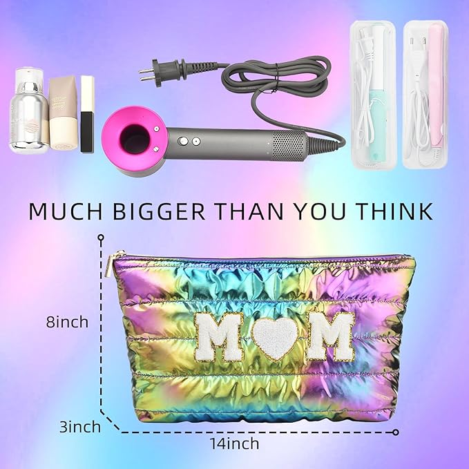 Hiroyuki 3pcs Iridescent Quilted Makeup Bag (ILOVEUMOM, rainbow)