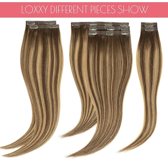 Loxxy Seamless Extensions Clip in Human Hair 20inch 110G 7Pcs Chocolate Brown to Caramel Blonde With Brown Roots Thick Blonde Natural Remy Real Hair Extensions Clip in Human Hair Invisible Tape Weft