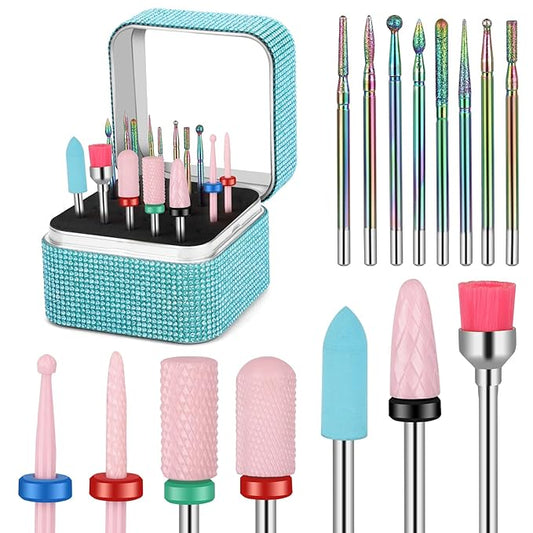 15Pcs Nail Drill Bits Set with Storage Box, 3/32 Inch Tungsten Ceramic Diamond Carbide Nail Drill Bits for Acrylic Gel Polish, Cuticle Efile Remover for Manicure Pedicure