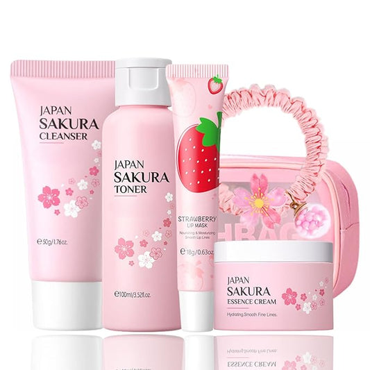 Cherry Blossom Skincare Set Mother's Day Gifts - Skin Care Set Hydrating - Skincare for Girls 10-12 Moisturizing - Travel Kit with Cleanser,Toner,Lip Mask,Cream(One Size, Cherry Blossom 6PCS Scent)