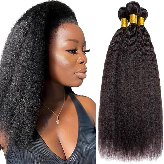 #1B Kinky Straight Bundles Human Hair Natural Color Yaki Straight Bundles Brazilian Human Hair Extensions Soft and Silky for Black Women 20 22 24 Inch