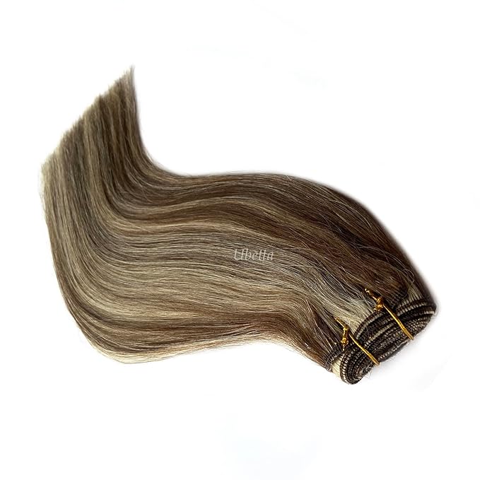 Ubetta Real Human Hair Extensions, 14Inch 80G Weft, Chocolate Brown Balayage Blonde Highlights, Hand Tied Weft Hair Weave Bundles