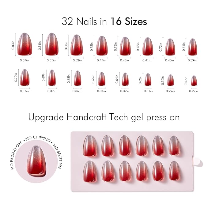 VSALON Press On Nails - Short Almond Red Cat Eye Ombre Fake Nails with Extra UV Cure Glue, 28-Days Salon-Strong No Pop-Off, Reusable Fake Nails for Party & Daily Wear - 32 PCS in 16 Sizes (Cocktail)