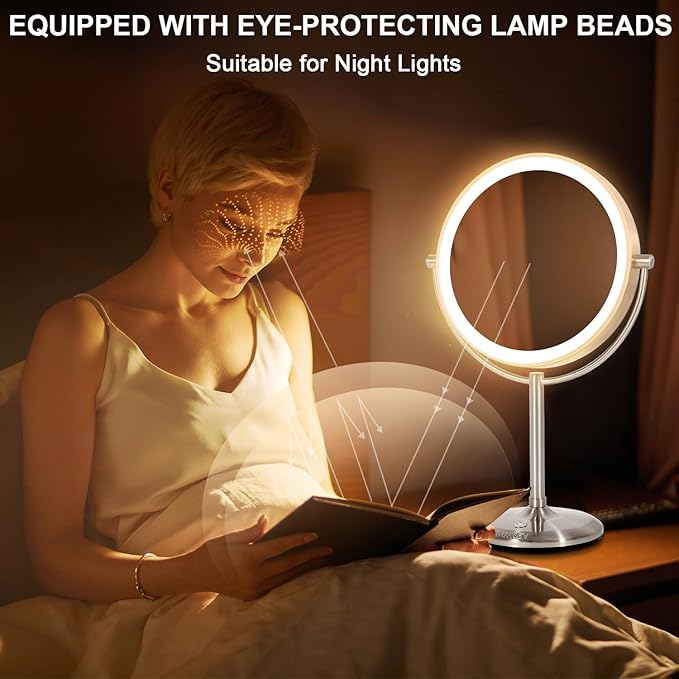 VESAUR 15X Magnifying Mirror with Light, 9" Large 5000mAh Rechargeable Double Sided HD Lighted Makeup Mirror with 3 Touch Dimmable Light, 360° Swivel Detachable for Travel Vanity Mirror Nickel, Gifts