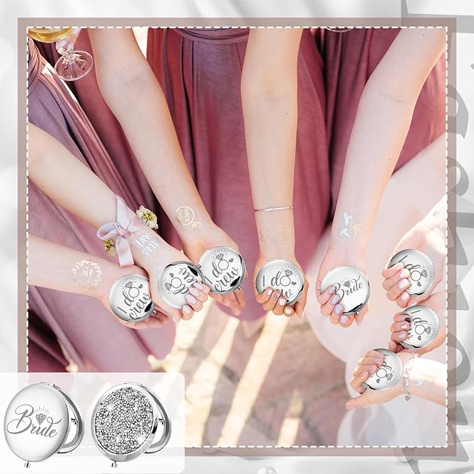 Barydat 10 Pieces Bridesmaid Gifts Set Magnifying Compact Mirror Bride I Do Crew Bridesmaid Proposal Gifts Travel Small Mirror for Purse Makeup Pocket Mirror for Women Wedding Party (Silver)