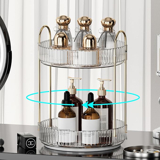 360° Rotating Makeup Organizer for Vanity - 2 Tier Perfume Organizer with Large Capacity - Skincare Organizer for Bathroom Counter - Space-Saving Cosmetic Storage for Dresser Countertop (Clear)