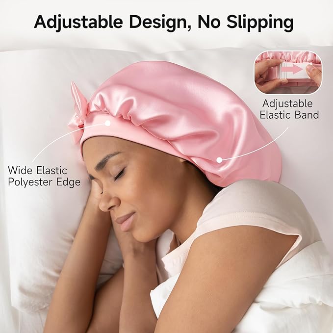 Umisleep Large Silk Bonnet for Sleeping Women, 100% Double Layer 22 Momme Mulberry Silk, Non Slip Hair Bonnet with Adjustable Band for Curly Long Hair, Pink