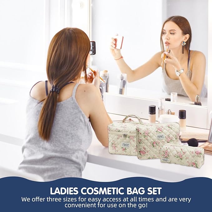 Quilted Floral Makeup Bag 3PCS, Cute Cotton Coquette Aesthetic Travel Toiletry Bag, Zipper Cosmetic Pouch, Daily Travel Use Skincare Bag, Large Capacity (Blue Ink Floral)