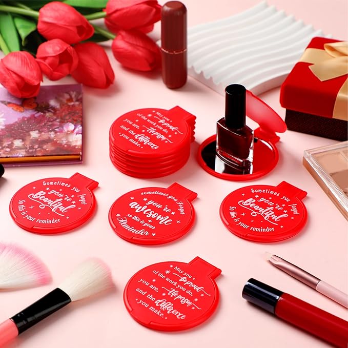 Wenqik 64 Pcs Compact Mirror Bulk Red Gifts for Women Small Inspirational Pocket Purse Handheld Mirror Portable Round Makeup Folding Appreciation Gift for Valentine Christmas Daily Travel Coworker