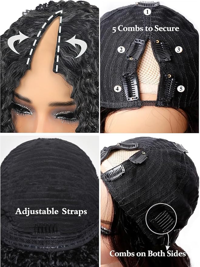 26 Inch Curly V Part Wig Human Hair Brazilian Virgin Human Hair Wigs for Black Women Upgrade U Part Wig Glueless Full Head Clip In Half Wig V Shape Wig No Leave Out 180% Density Natural Color