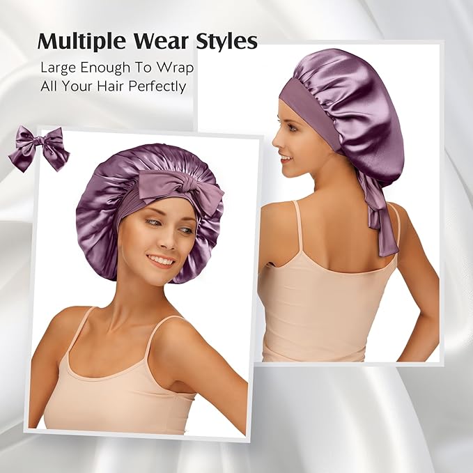 YFONG 100% 22 Momme Mulberry Silk Bonnet for Sleeping Women, Larger Double Layer Silk Hair Wrap for Curly Short Long Hair, Non-Slip Sleep Cap Turban with Elastic Tie Band for Hair Care, Purple