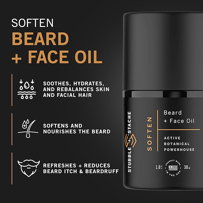 stubble & stache Hydrating Beard Oil for Men – Dual-Use Face & Beard Moisturizer & Conditioner with Baobab, Jojoba & Argan – Softens Hair, Stops Itch & Dry Skin – Lightweight Non-Greasy Oil, 1 fl oz