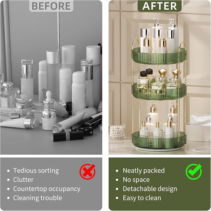 360° Rotating Makeup Organizer for Vanity - 3 Tier Perfume Organizer with Large Capacity - Skincare Organizer for Bathroom Counter - Space-Saving Cosmetic Storage for Dresser Countertop (Green)