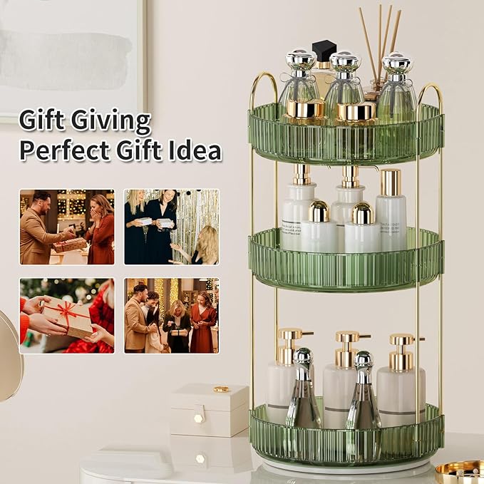 360° Rotating Makeup Organizer for Vanity - 3 Tier Perfume Organizer with Large Capacity - Skincare Organizer for Bathroom Counter - Space-Saving Cosmetic Storage for Dresser Countertop (Green)