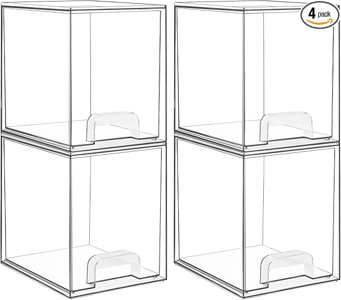 Vtopmart 4 Pack Clear Stackable Storage Drawers,7.6" H Plastic Organizers Bins for Skincare, Bathroom Supplies,Ideal for Cabinet,Undersink,Vanity,Kitchen,Pantry Organization