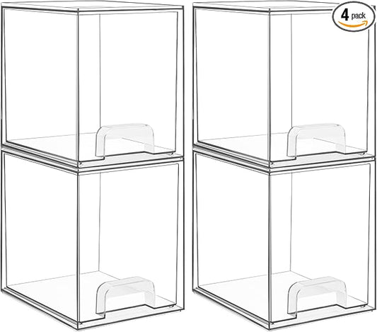 Vtopmart 4 Pack Clear Stackable Storage Drawers,7.6" H Plastic Organizers Bins for Skincare, Bathroom Supplies,Ideal for Cabinet,Undersink,Vanity,Kitchen,Pantry Organization