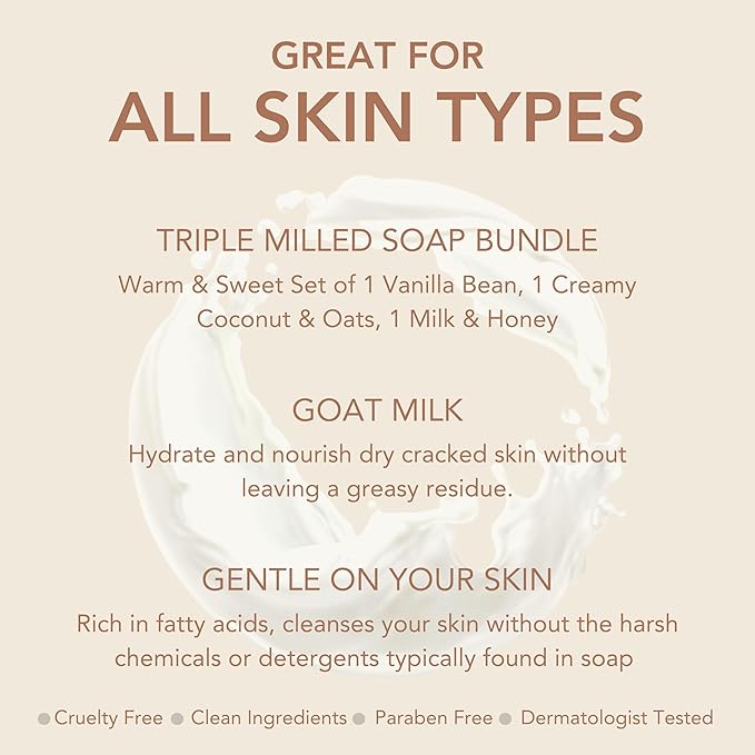 Dionis Goat Milk Skincare Bar Hand Soap, Shea Butter & Olive Oil Nourish, Moisturize, & Restore, For All Skin Types, Non Greasy, No Residue, Warm & Sweet Scents, Gift Set Bundle Of 3 Moisturizing Bars